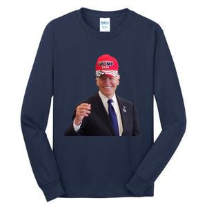 Funny Joe Biden Dons Trump 2024 Cap Wear A Trump Hat Tall Long Sleeve T-Shirt