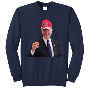 Funny Joe Biden Dons Trump 2024 Cap Wear A Trump Hat Tall Sweatshirt