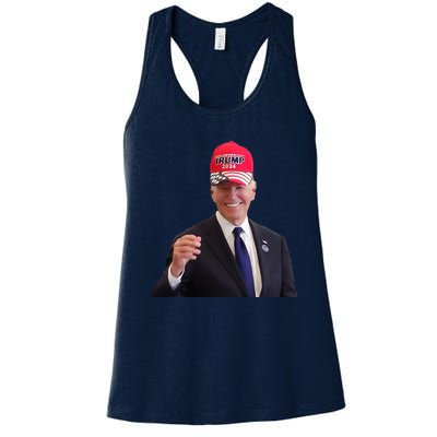 Funny Joe Biden Dons Trump 2024 Cap Wear A Trump Hat Women's Racerback Tank