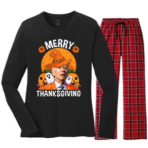 Funny Joe Biden Happy Halloween Merry Thanksgiving Women's Long Sleeve Flannel Pajama Set 