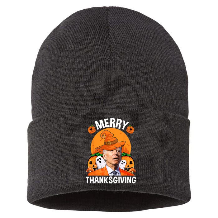 Funny Joe Biden Happy Halloween Merry Thanksgiving Sustainable Knit Beanie