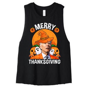 Funny Joe Biden Happy Halloween Merry Thanksgiving Women's Racerback Cropped Tank