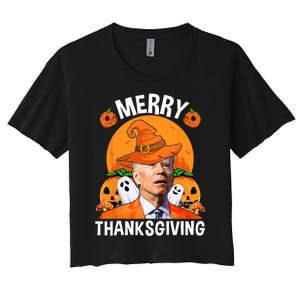 Funny Joe Biden Happy Halloween Merry Thanksgiving Women's Crop Top Tee