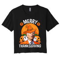 Funny Joe Biden Happy Halloween Merry Thanksgiving Women's Crop Top Tee