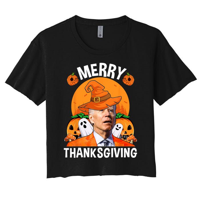 Funny Joe Biden Happy Halloween Merry Thanksgiving Women's Crop Top Tee