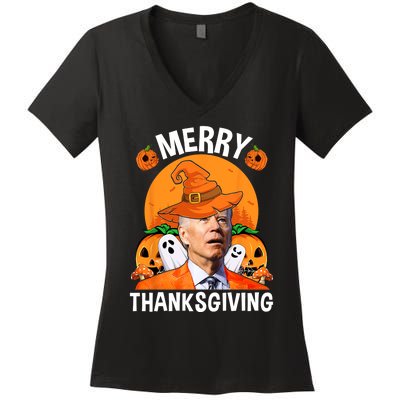 Funny Joe Biden Happy Halloween Merry Thanksgiving Women's V-Neck T-Shirt