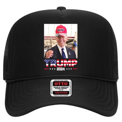 Funny Joe Biden Wearing A Trump Hat Gift High Crown Mesh Back Trucker Hat