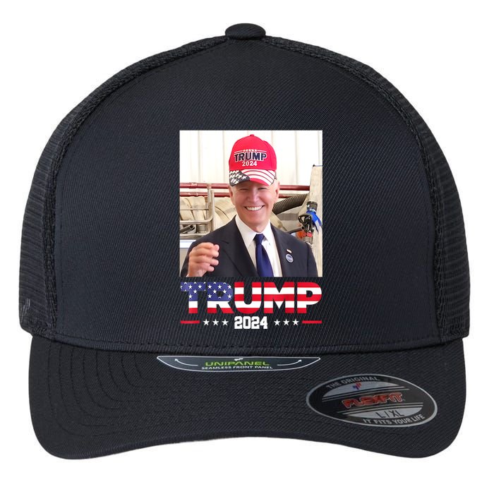 Funny Joe Biden Wearing A Trump Hat Gift Flexfit Unipanel Trucker Cap