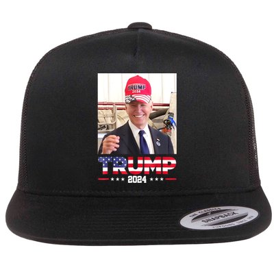 Funny Joe Biden Wearing A Trump Hat Gift Flat Bill Trucker Hat