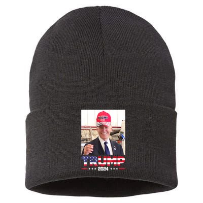 Funny Joe Biden Wearing A Trump Hat Gift Sustainable Knit Beanie