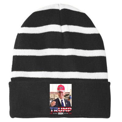 Funny Joe Biden Wearing A Trump Hat Gift Striped Beanie with Solid Band