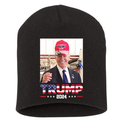 Funny Joe Biden Wearing A Trump Hat Gift Short Acrylic Beanie