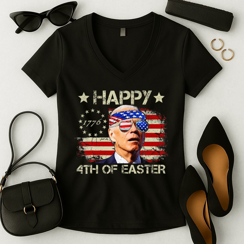 Funny Joe Biden 4th Of July Happy 4th Of Easter Us Flag Women's V-Neck T-Shirt