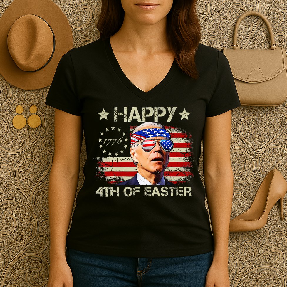 Funny Joe Biden 4th Of July Happy 4th Of Easter Us Flag Women's V-Neck T-Shirt