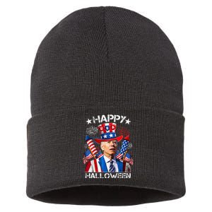 Funny Joe Biden 4th Of July Happy Halloween Firework Sustainable Knit Beanie