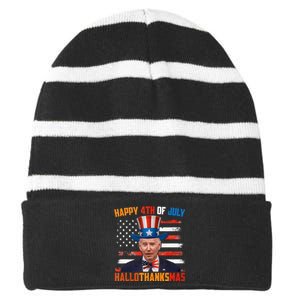 Funny Joe Biden Happy 4th Of July Hallothanksmas Holidays Striped Beanie with Solid Band