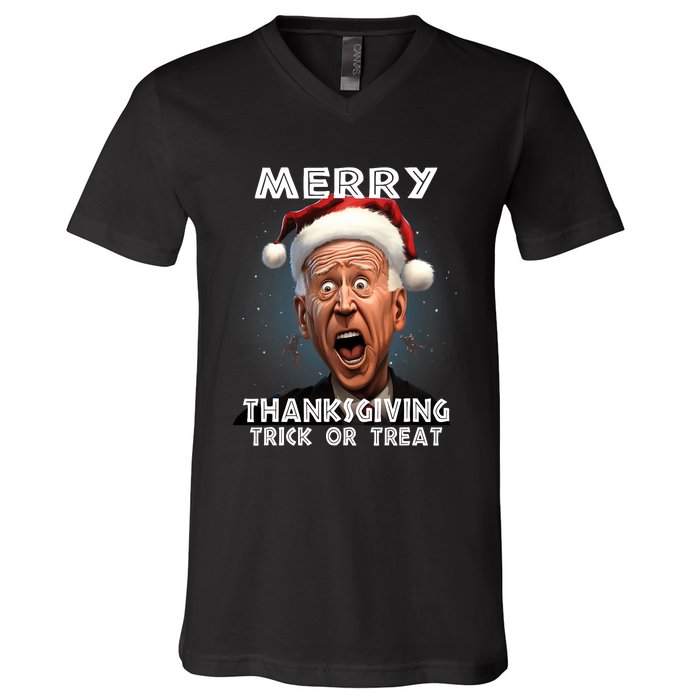 Funny Joe Biden Santa Hat Merry Thanksgiving Christmas V-Neck T-Shirt