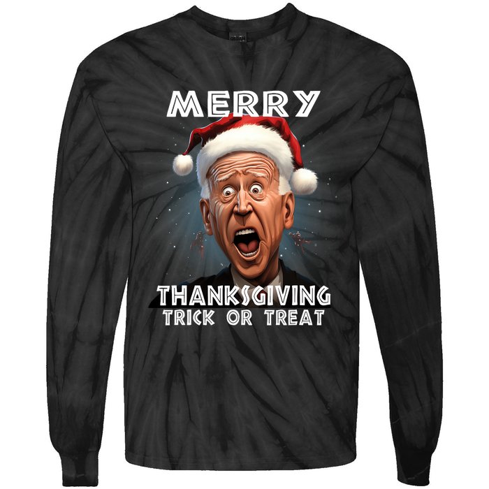 Funny Joe Biden Santa Hat Merry Thanksgiving Christmas Tie-Dye Long Sleeve Shirt