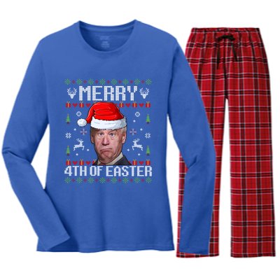 Funny Joe Biden Merry 4th Of Easter Ugly Christmas Sweater Gift Women's Long Sleeve Flannel Pajama Set 