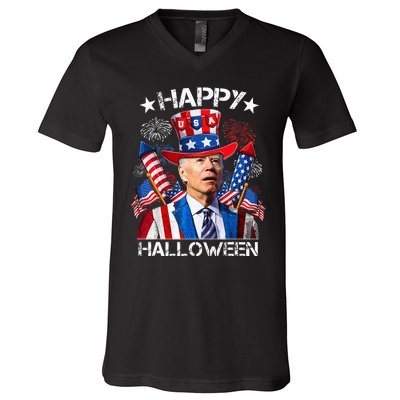 Funny Joe Biden 4th Of July Happy Halloween Firework V-Neck T-Shirt