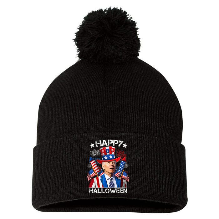 Funny Joe Biden 4th Of July Happy Halloween Firework Pom Pom 12in Knit Beanie