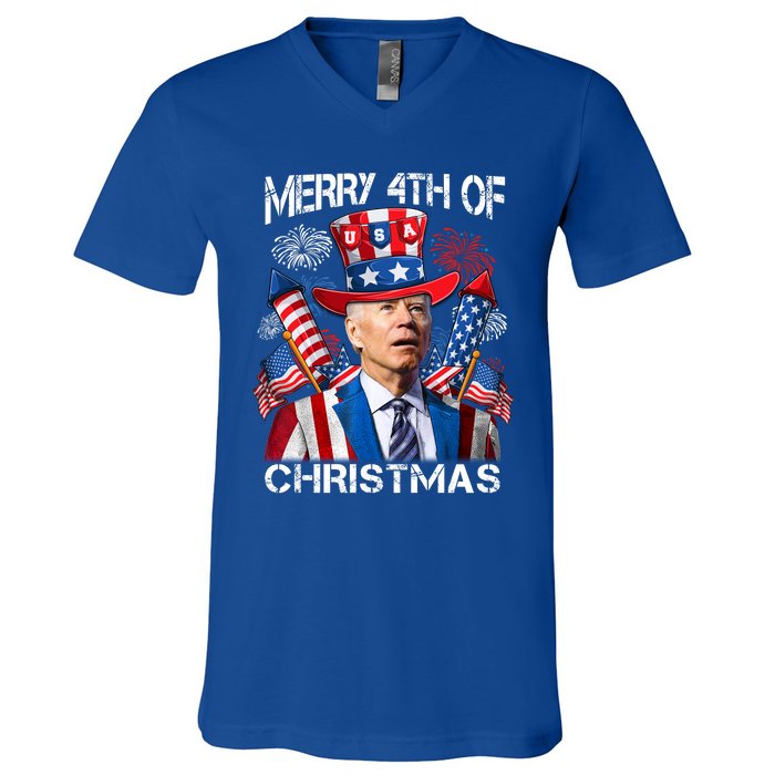 Funny Joe Biden Merry 4th Of Christmas 4th Of July Firework V-Neck T-Shirt