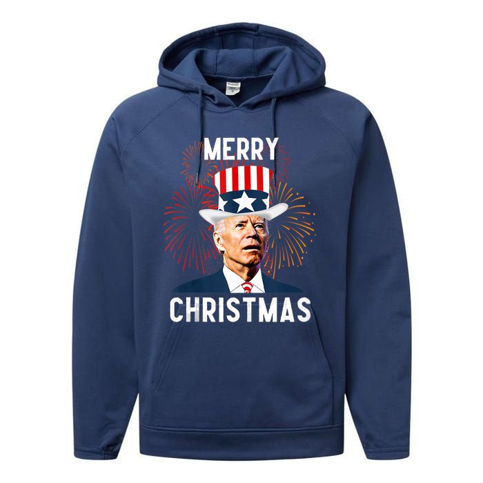 Funny Joe Biden Merry Christmas For Fourth Of July Funny Biden Performance Fleece Hoodie