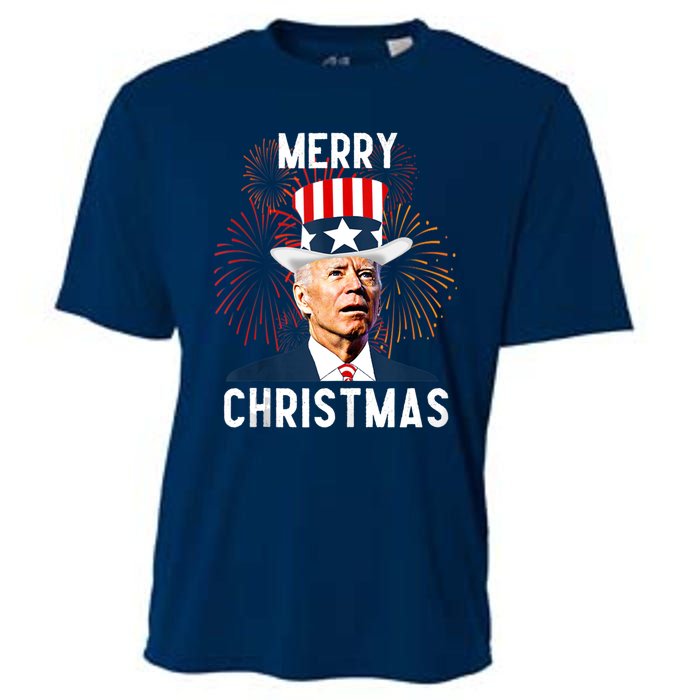 Funny Joe Biden Merry Christmas For Fourth Of July Funny Biden Cooling Performance Crew T-Shirt