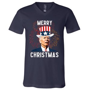 Funny Joe Biden Merry Christmas For Fourth Of July Funny Biden V-Neck T-Shirt