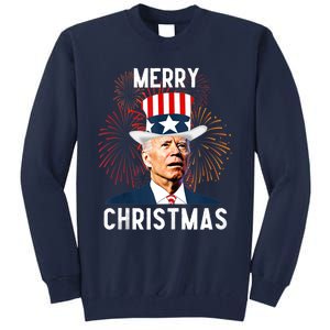 Funny Joe Biden Merry Christmas For Fourth Of July Funny Biden Tall Sweatshirt