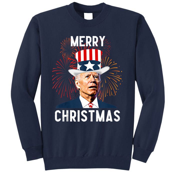 Funny Joe Biden Merry Christmas For Fourth Of July Funny Biden Tall Sweatshirt