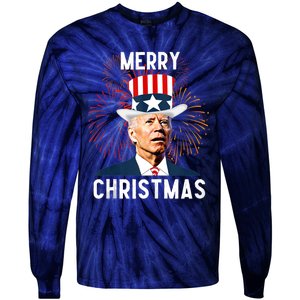 Funny Joe Biden Merry Christmas For Fourth Of July Funny Biden Tie-Dye Long Sleeve Shirt