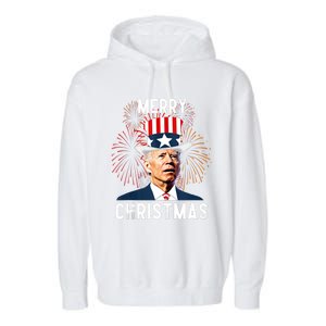 Funny Joe Biden Merry Christmas For Fourth Of July Funny Biden Garment-Dyed Fleece Hoodie