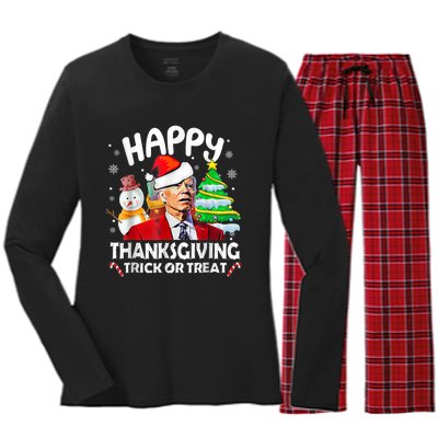 Funny Joe Biden Merry Thanksgiving Trick Or Treat Christmas Women's Long Sleeve Flannel Pajama Set 