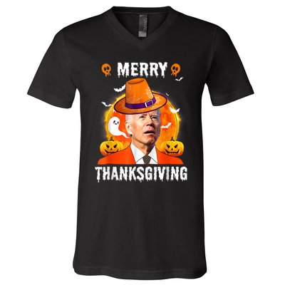 Funny Joe Biden Confused Merry Thanksgiving For Halloween V-Neck T-Shirt