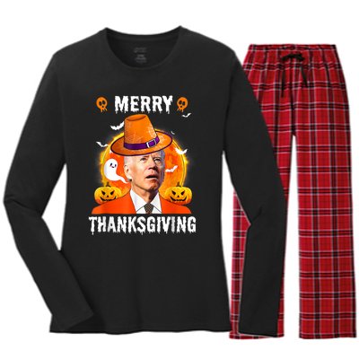 Funny Joe Biden Confused Merry Thanksgiving For Halloween Women's Long Sleeve Flannel Pajama Set 