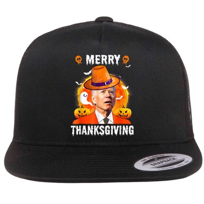 Funny Joe Biden Confused Merry Thanksgiving For Halloween Flat Bill Trucker Hat