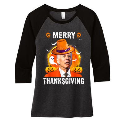 Funny Joe Biden Confused Merry Thanksgiving For Halloween Women's Tri-Blend 3/4-Sleeve Raglan Shirt