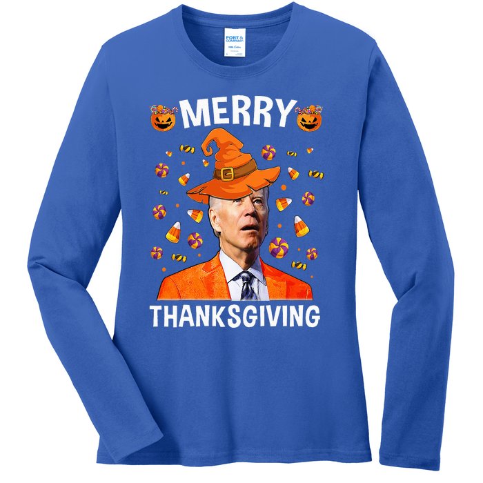 Funny Joe Biden Happy Halloween Merry Thanksgiving Ladies Long Sleeve Shirt