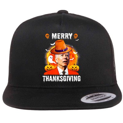 Funny Joe Biden Confused Merry Thanksgiving For Halloween Flat Bill Trucker Hat