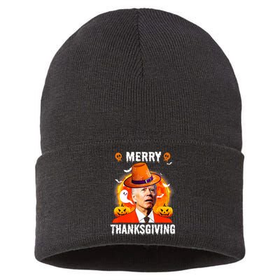 Funny Joe Biden Confused Merry Thanksgiving For Halloween Sustainable Knit Beanie