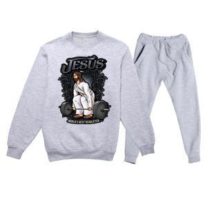 Funny Jesus Christian Weight Lifting Gym Gag Gifts Premium Crewneck Sweatsuit Set