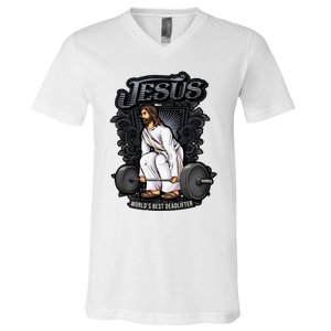 Funny Jesus Christian Weight Lifting Gym Gag Gifts V-Neck T-Shirt