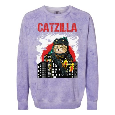 Funny Japanese Catzilla Cat Lover Colorblast Crewneck Sweatshirt