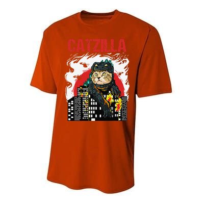 Funny Japanese Catzilla Cat Lover Performance Sprint T-Shirt