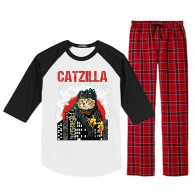 Funny Japanese Catzilla Cat Lover Raglan Sleeve Pajama Set