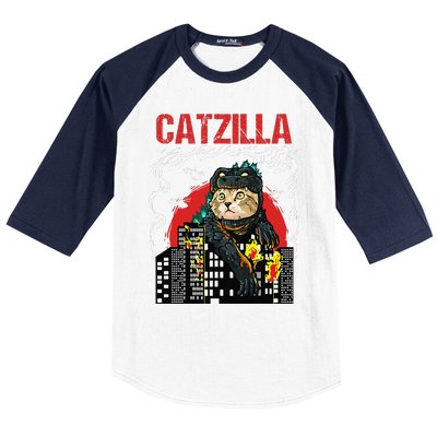 Funny Japanese Catzilla Cat Lover Baseball Sleeve Shirt