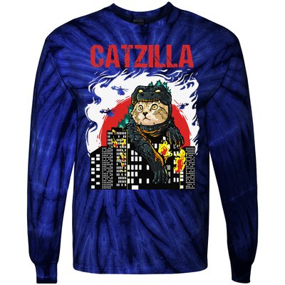 Funny Japanese Catzilla Cat Lover Tie-Dye Long Sleeve Shirt