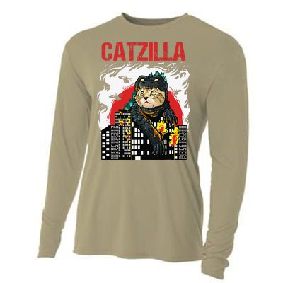 Funny Japanese Catzilla Cat Lover Cooling Performance Long Sleeve Crew