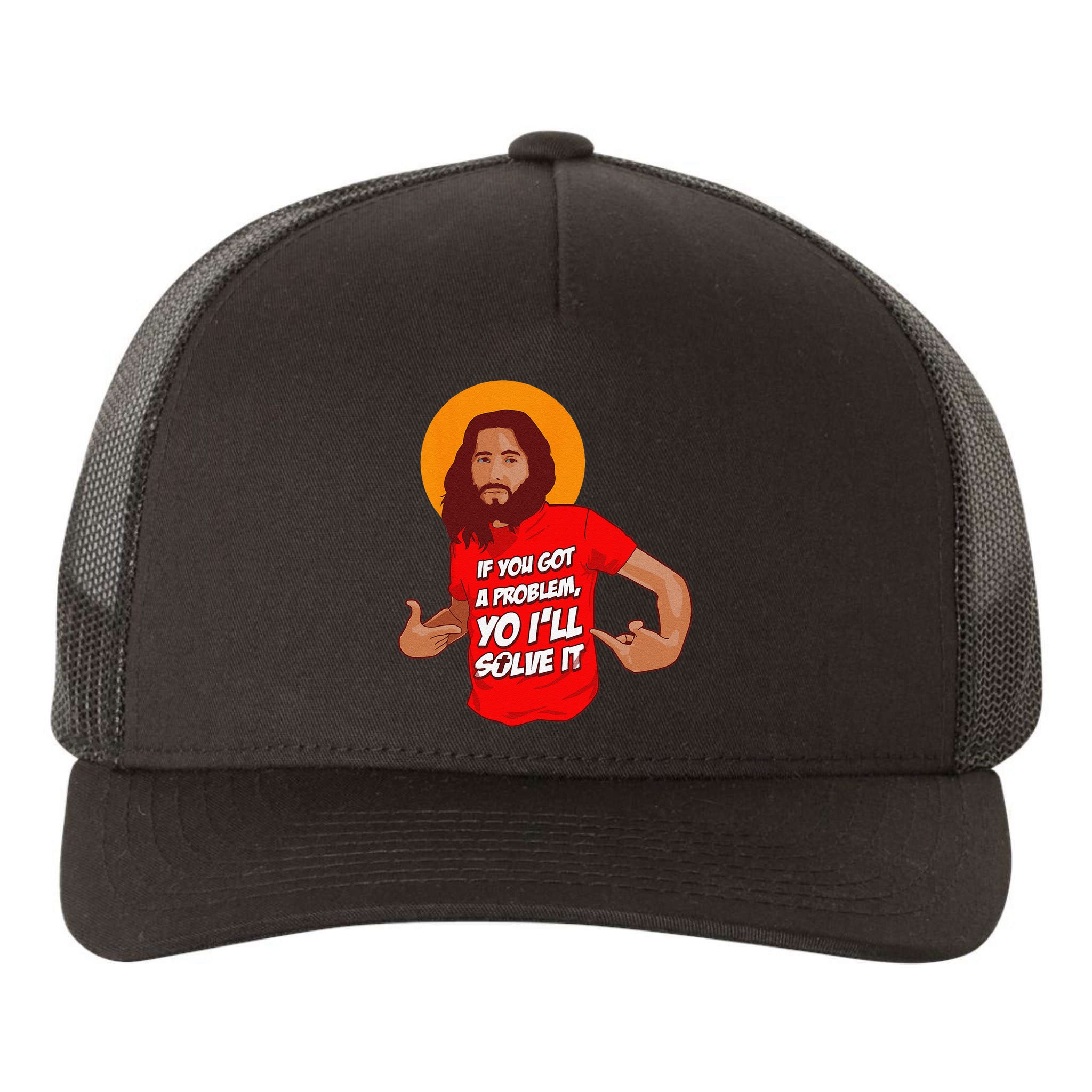 Funny Jesus Christian Meme Yo Ill Solve It Christmas Yupoong Adult 5-Panel Trucker Hat